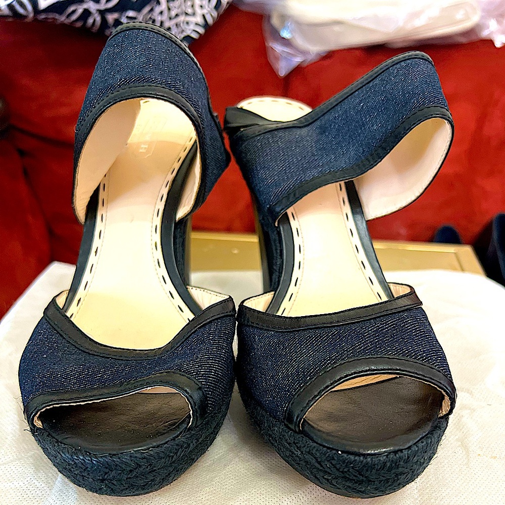 Coach Denim and Leather Peeptoe Platform Sandals